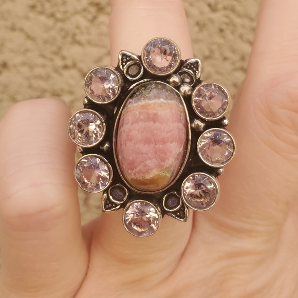 New Oversized Rhodochrosite & Kunzite 925 Silver Statement Ring. - Picture 8 of 14